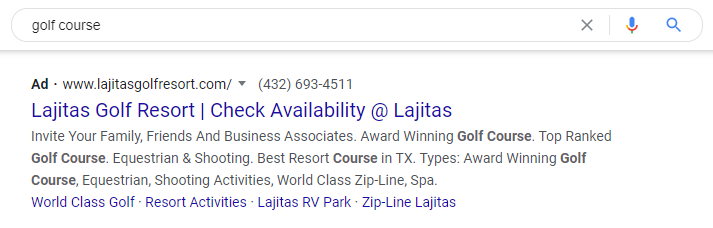 Google Ads results for golf course in texas